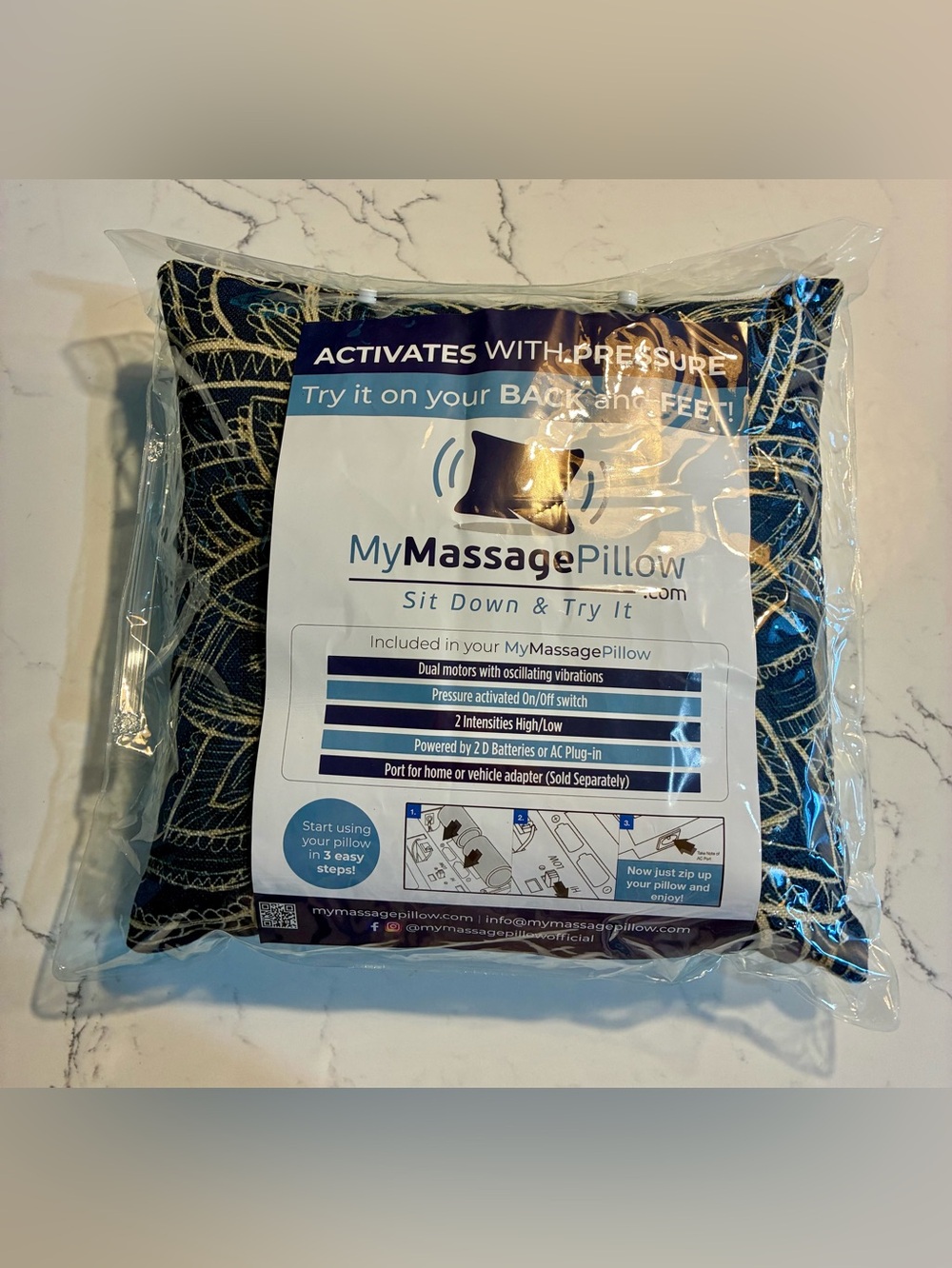 Battery Operated Strong Massage Pillow - Navy/Cream